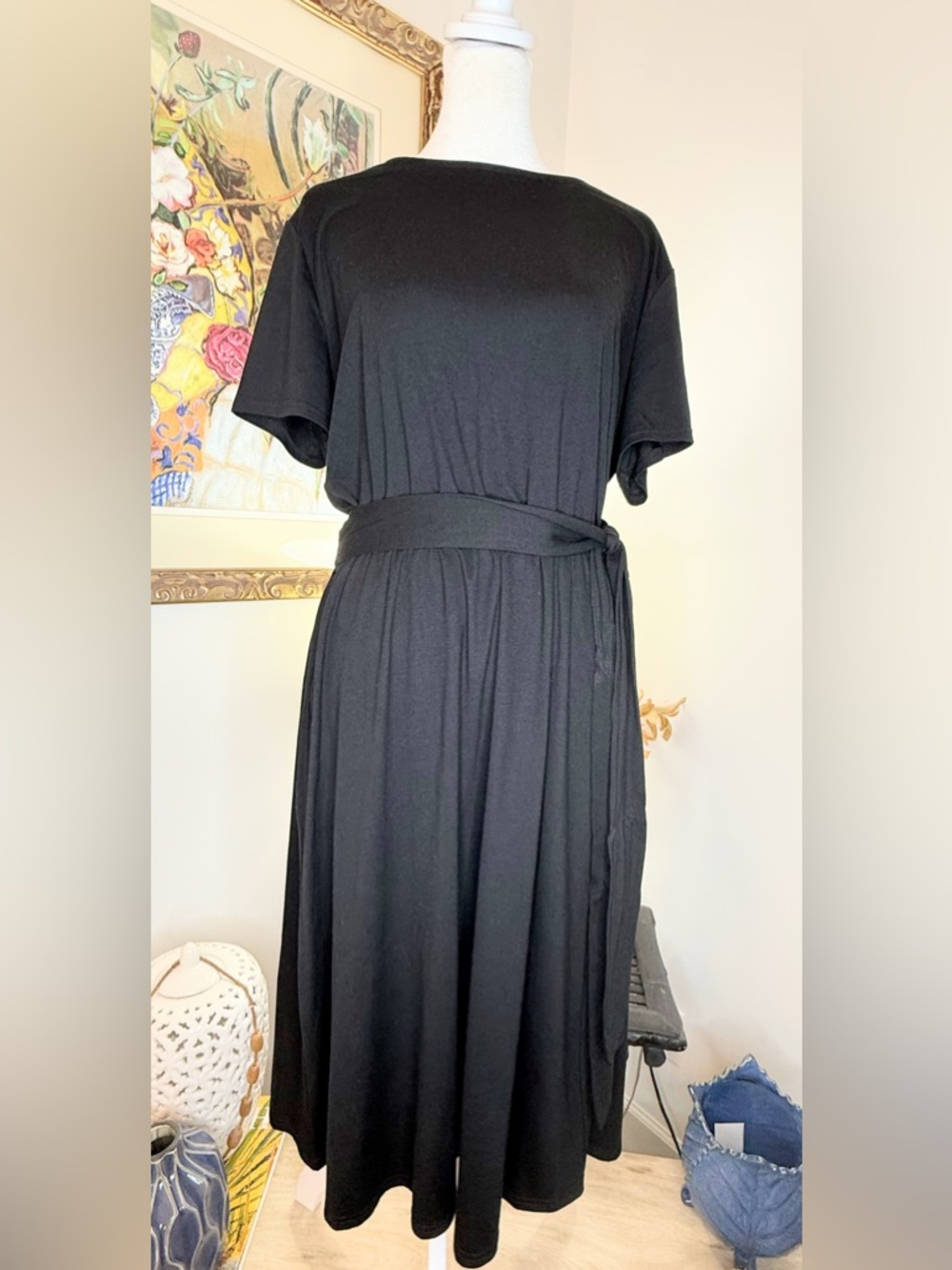 Womens XL Black Midi Dress Tie Waist Stretch Short Sleeve Casual Work